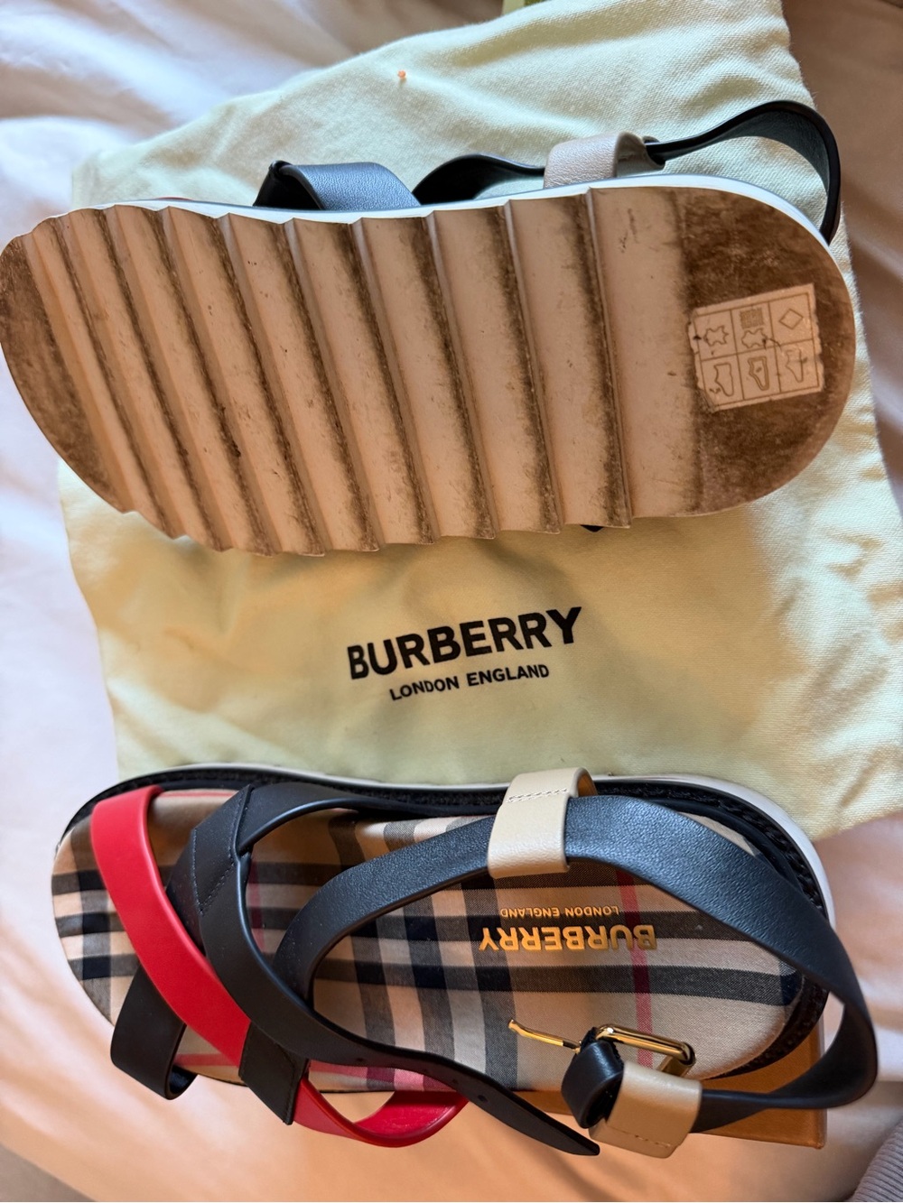Burberry Black, Red & Cream Strappy Leather Sandals with Check Insole.